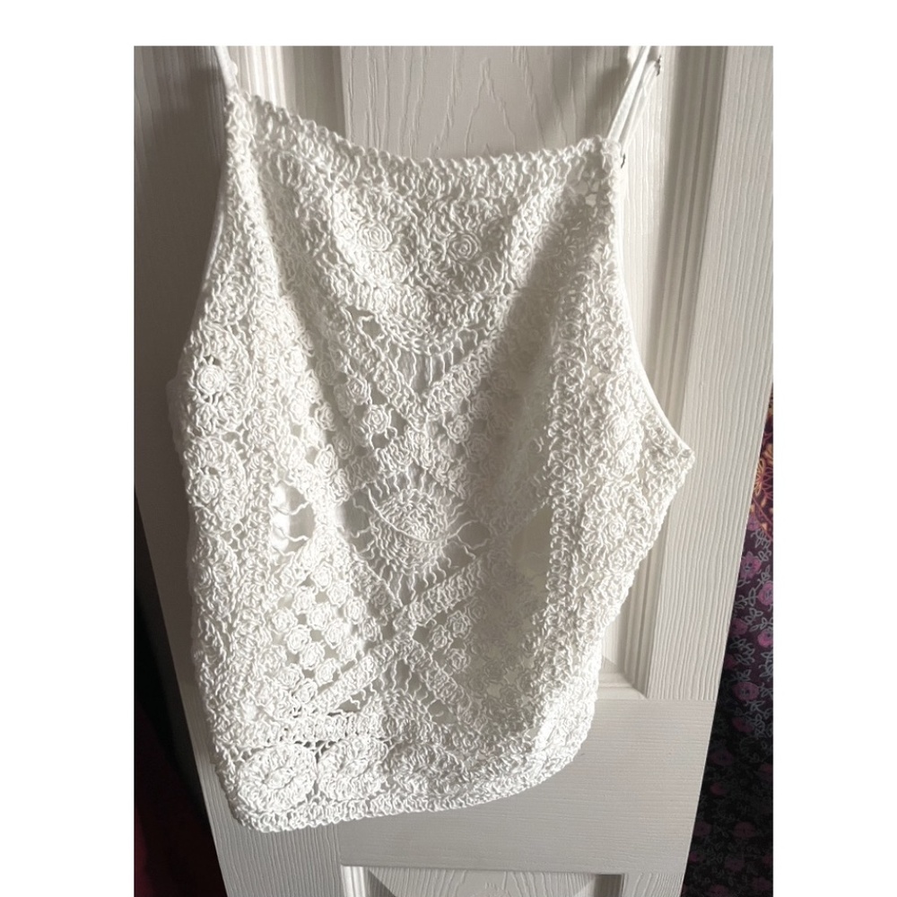 White crochet high-neck tank top